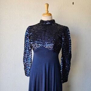 Vtg August Max 60s 70s Navy Blue Sequin High Neck Maxi Disco Dress Gown XS